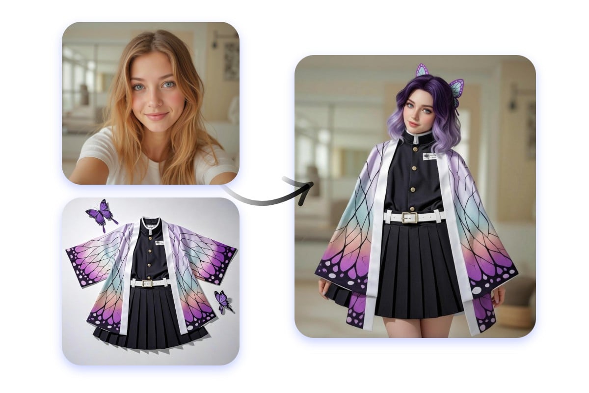 Einfach Porträt von sich selbst und ein Bild vom Cosplay-Kostüm hochladen und Fotor KI fügt diese beiden Elemente nahtlos zusammen