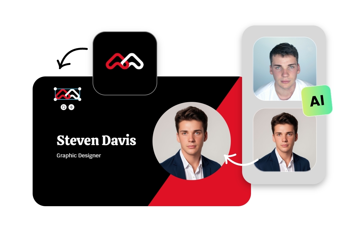 เข้าถึงการสร้างโลโก้ fotor และเครื่องมือ ai headshot ทั้งหมดเพื่อแก้ไขเทมเพลตนามบัตรสีดำและสีแดงในเครื่องมือสร้างนามบัตร fotor