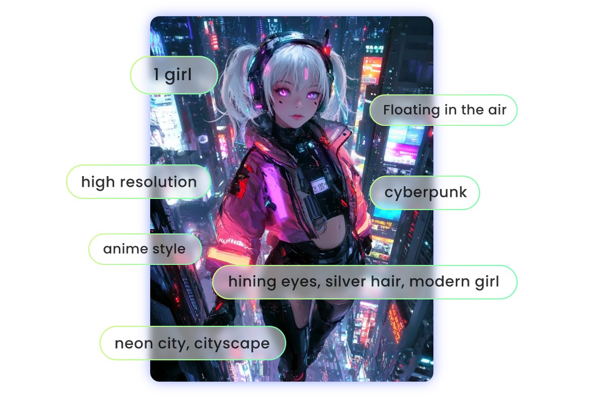 Accurate image to text conversion featuring a cyperpunk girl in a neon night city