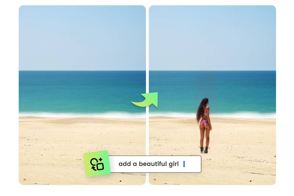 Ajouter une belle fille à une image de bord de mer avec le remplissage génératif de Fotor