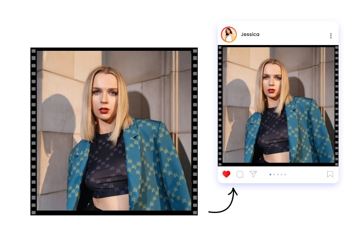 Add a film edge to a photo of a lady in green coat and post it on ins