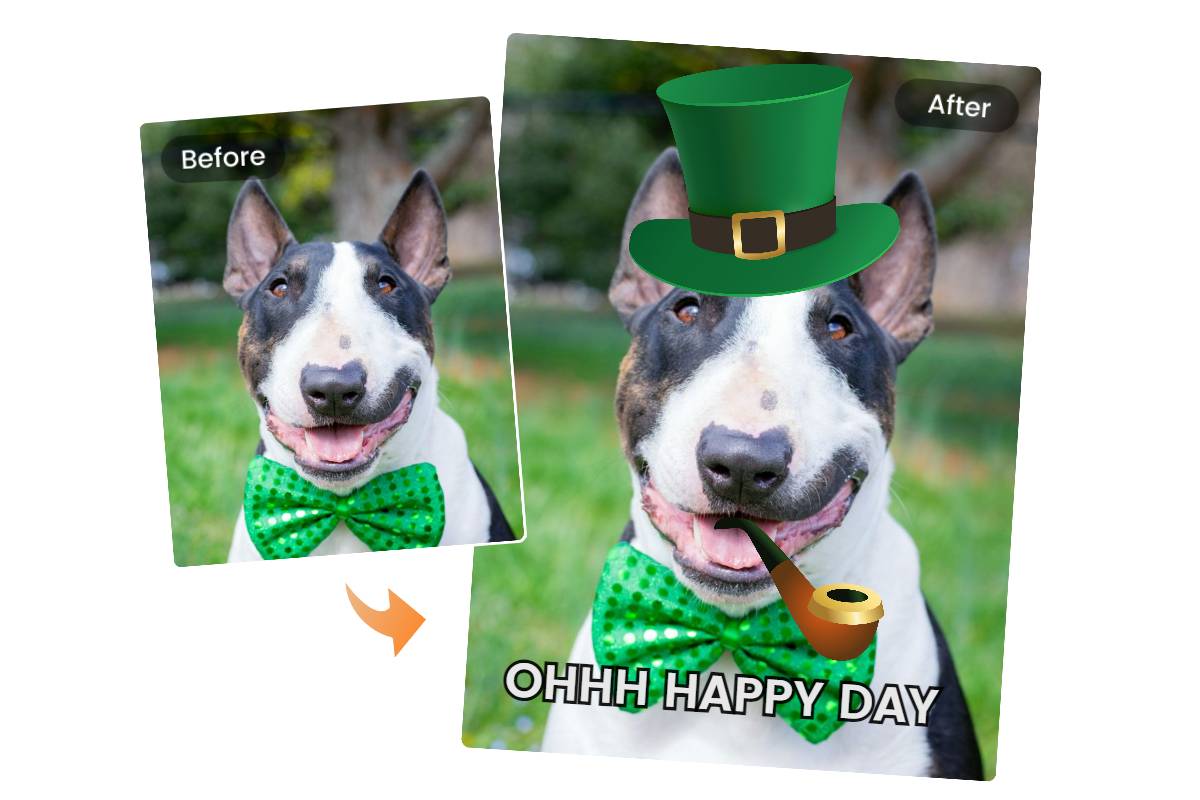 Add a leprechaun hat and cigar sticker to a dog wearing a green bow image