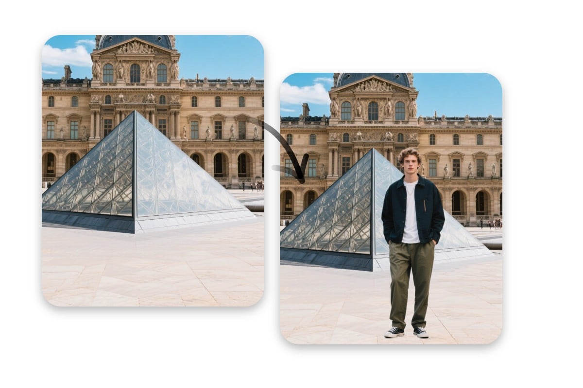 Add a man into the picture of the louvre museum