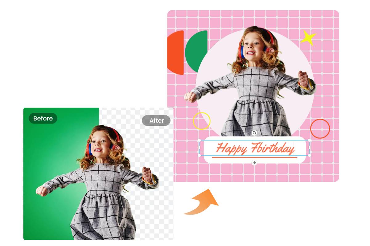 Add a pink background and text to a little girl green screen image