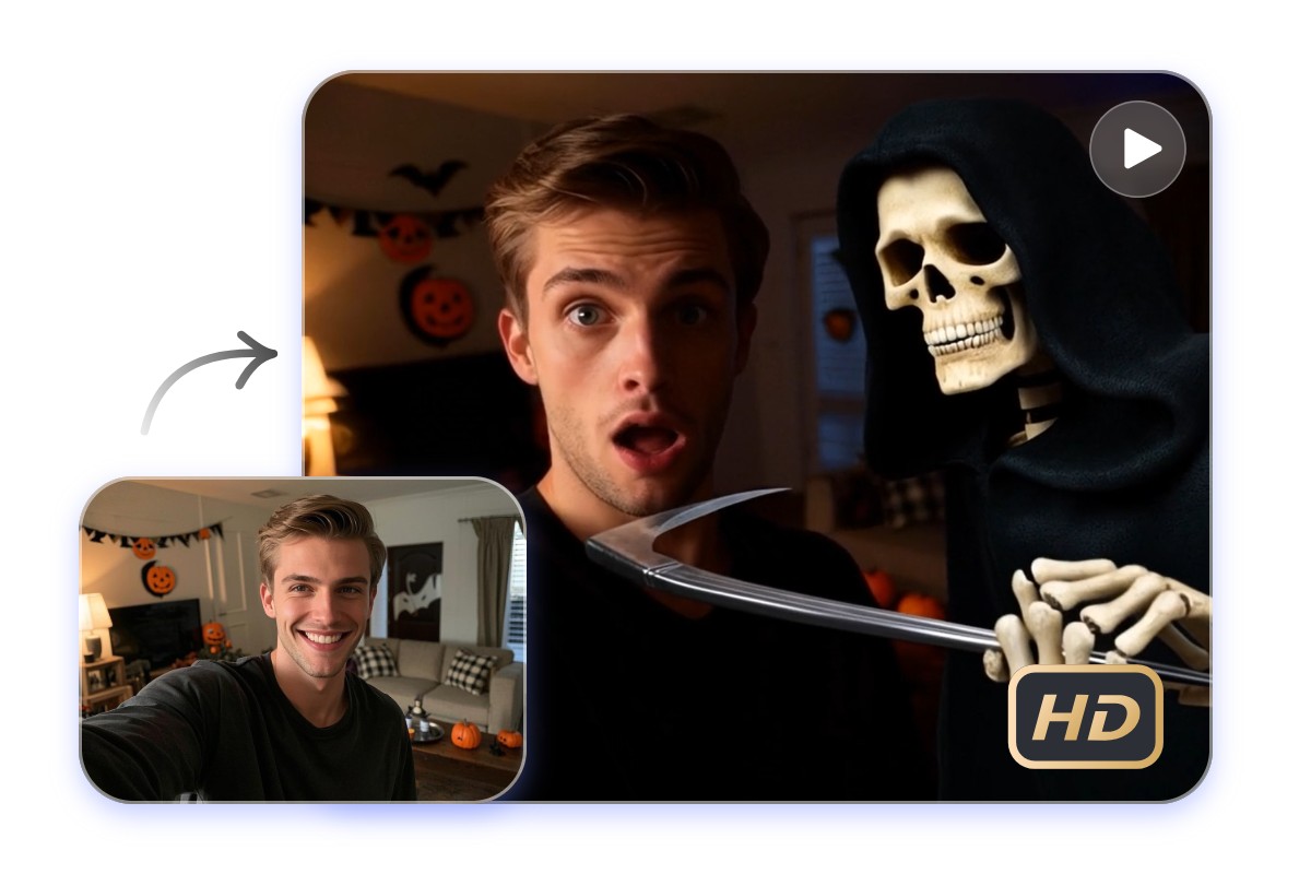 Add a scary skeleton behind the man