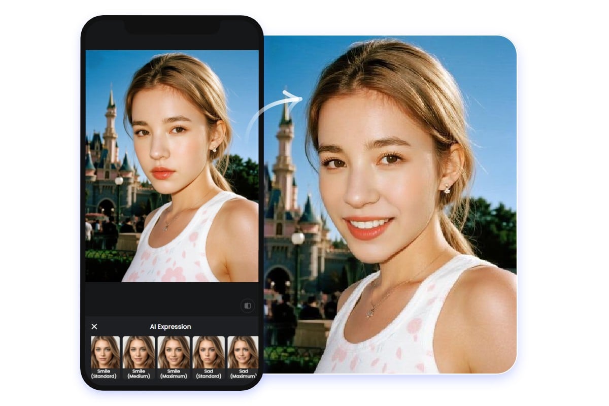 Add a smile filter to a photo of a beautiful girl using a free mobile app