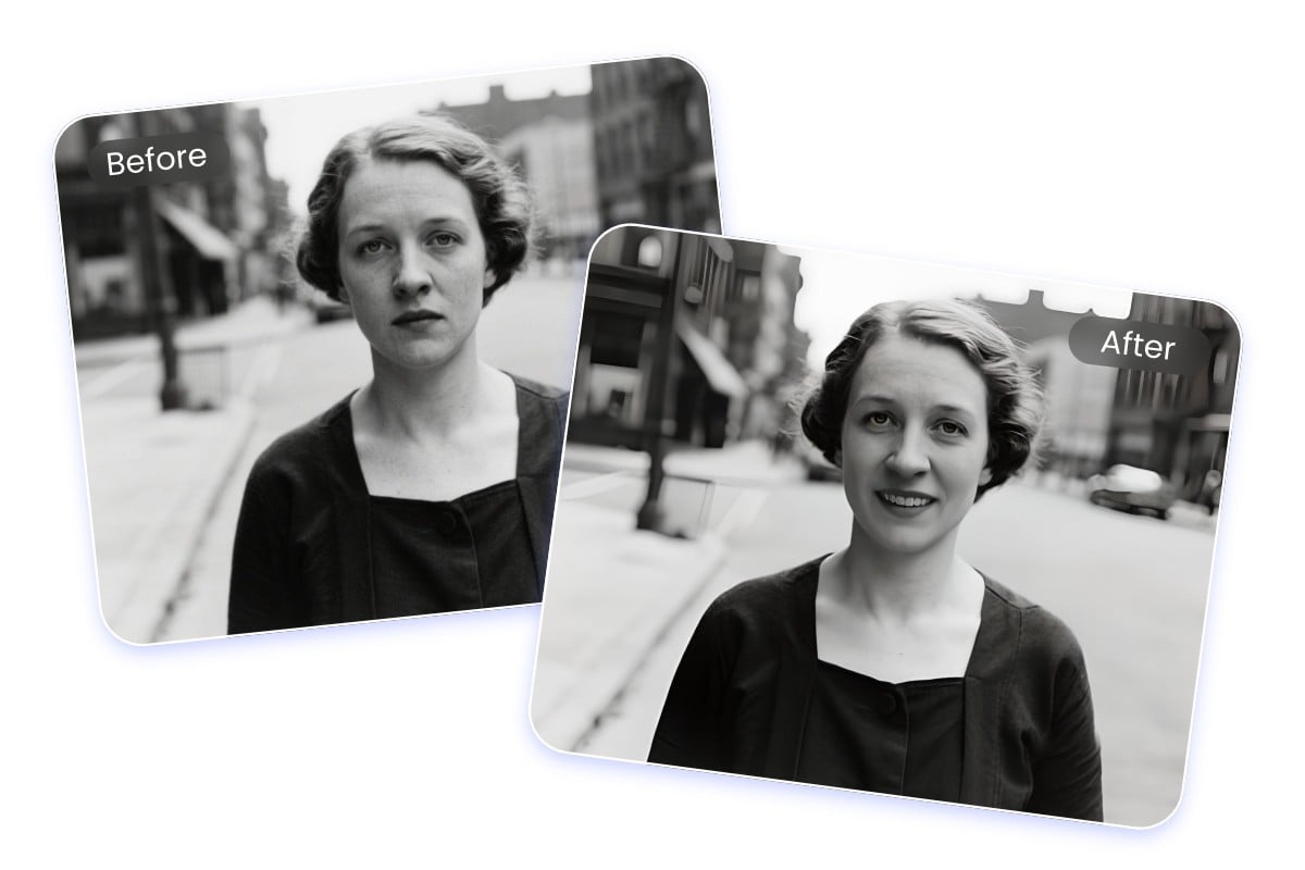 Add a smile to an old photo of a short haired woman