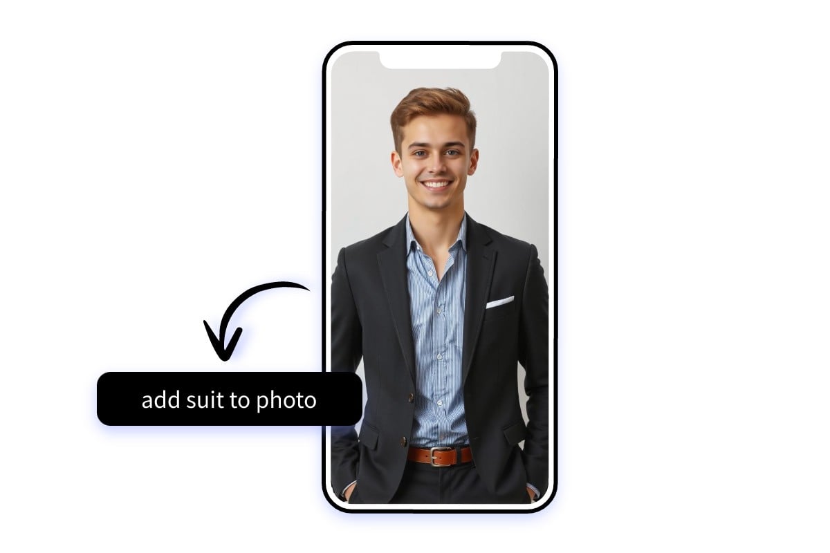 Add a suit to a photo of a man on a mobile phone