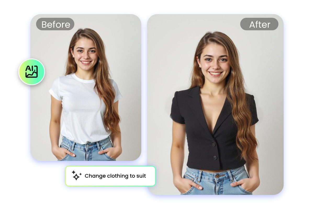 Add a suit to a photo of a woman wearing a white shirt with ai