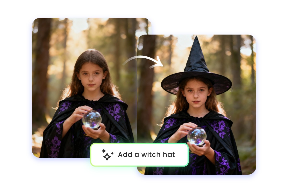 Ajouter un chapeau de sorcière à une photo de fille via un prompt
