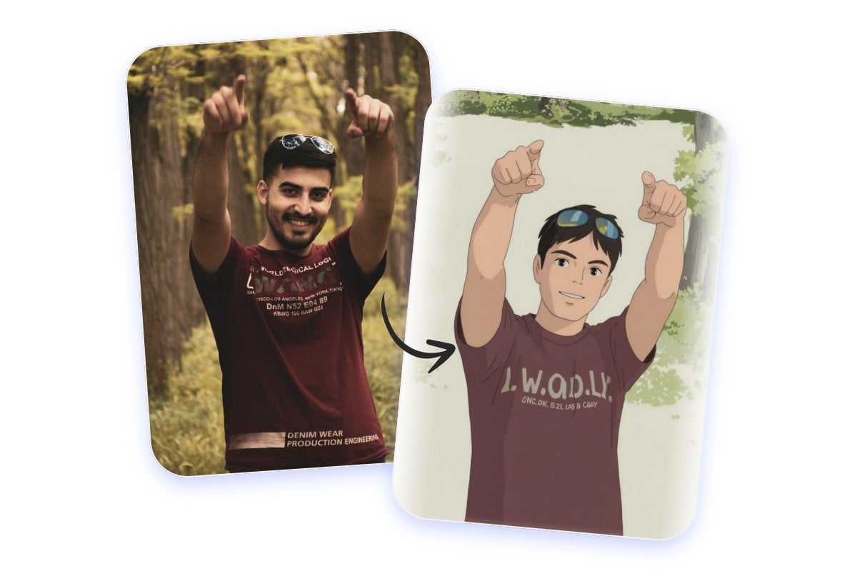 Add an AI Ghibli filter to image featuring a man wear t shirt