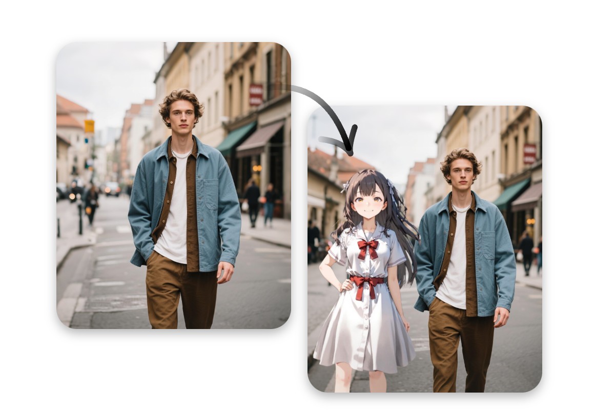 Add an anime girl into the picture to let her stand beside a real man