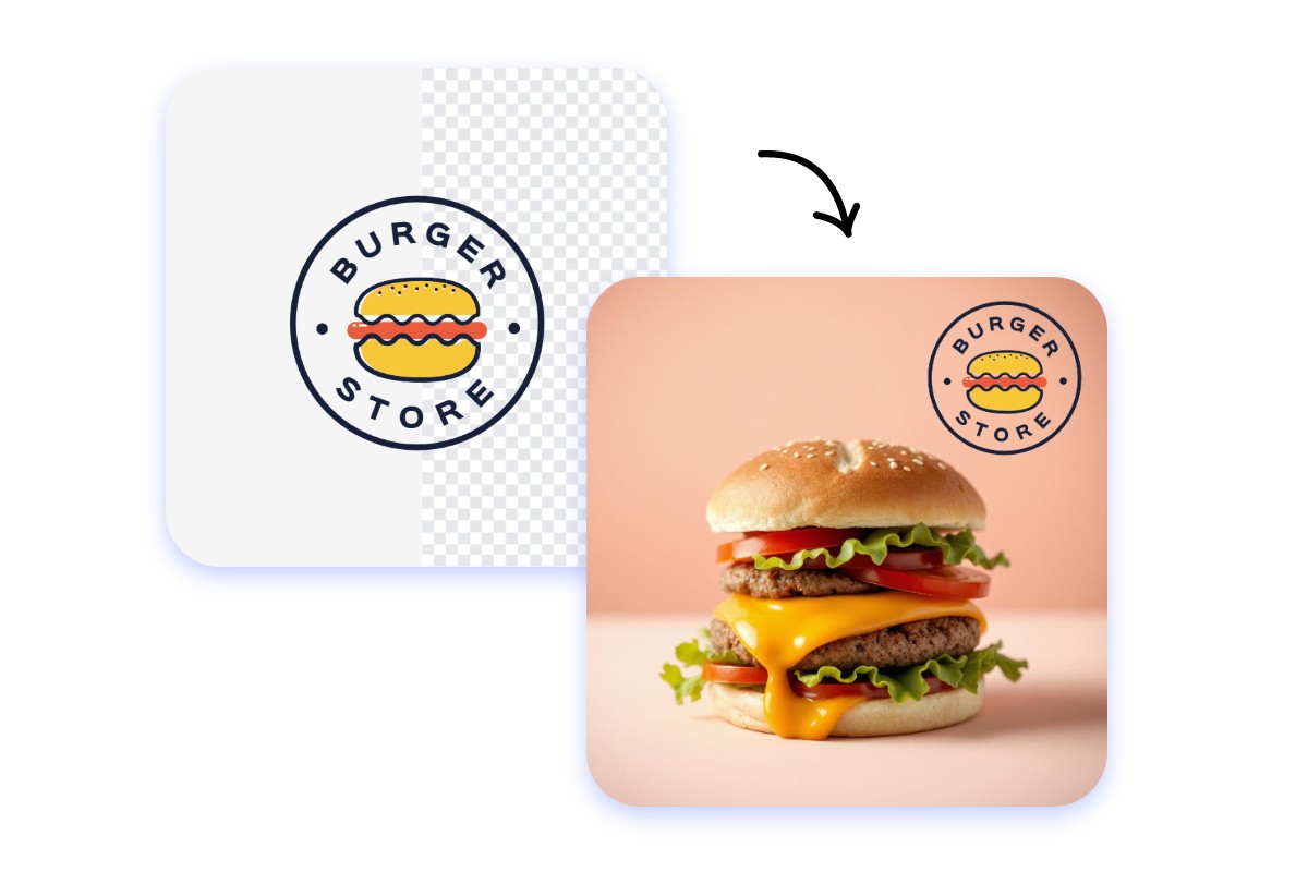 Add an image logo watermark of a burger store to a picture of a burger