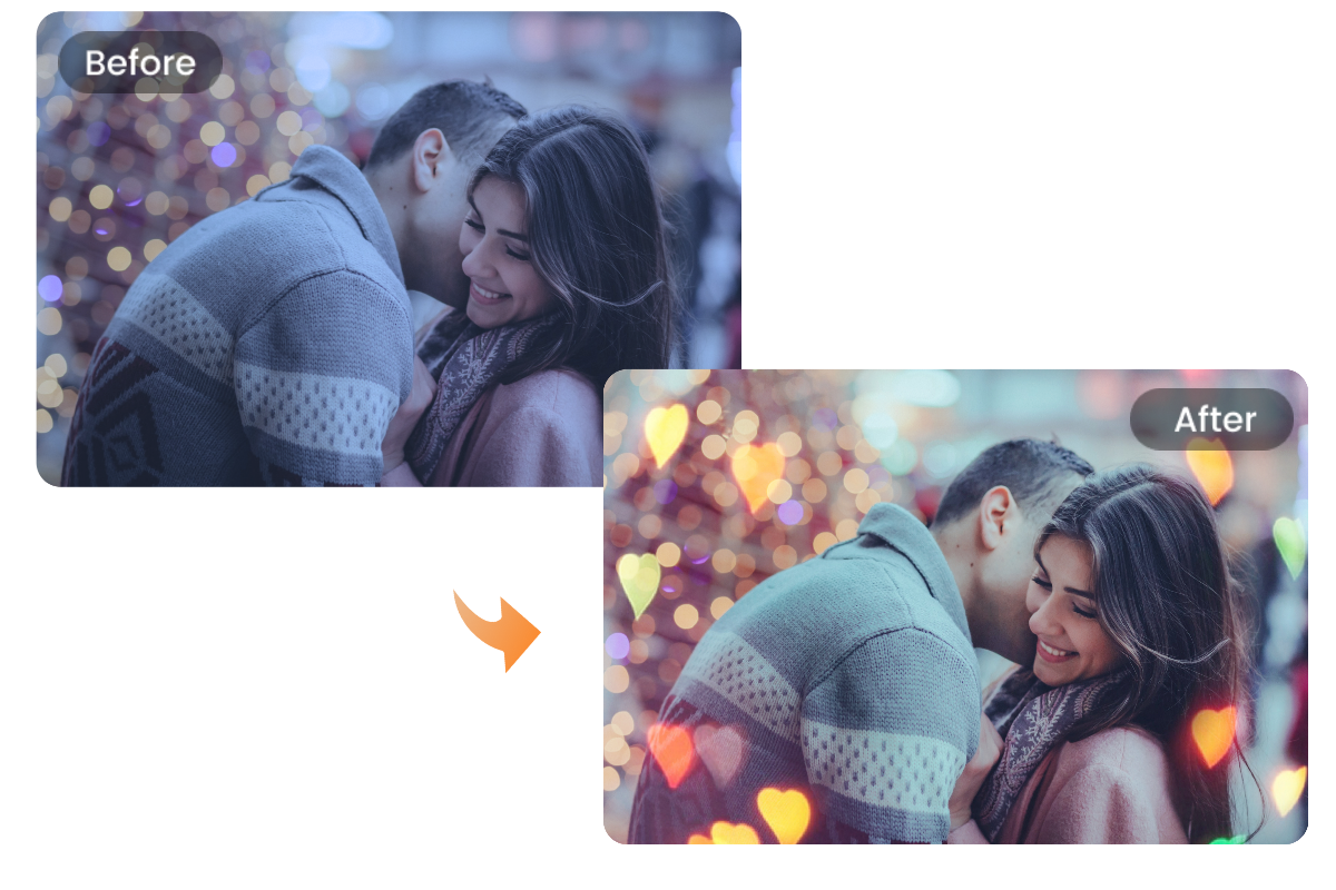 Añade un filtro navideño a un retrato de pareja para crear un ambiente cálido y romántico.