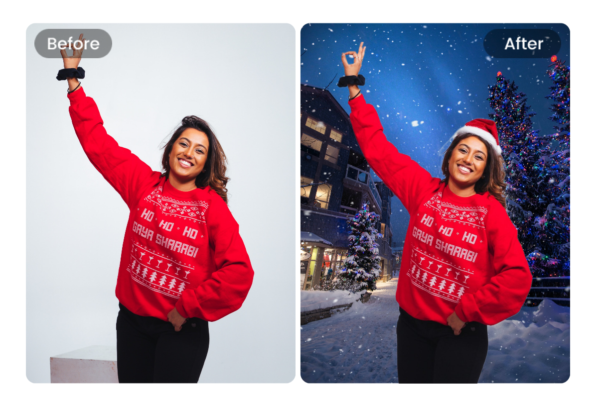 Añadir el sombrero de navidad de santa y el fondo de navidad generado por ai al retrato femenino