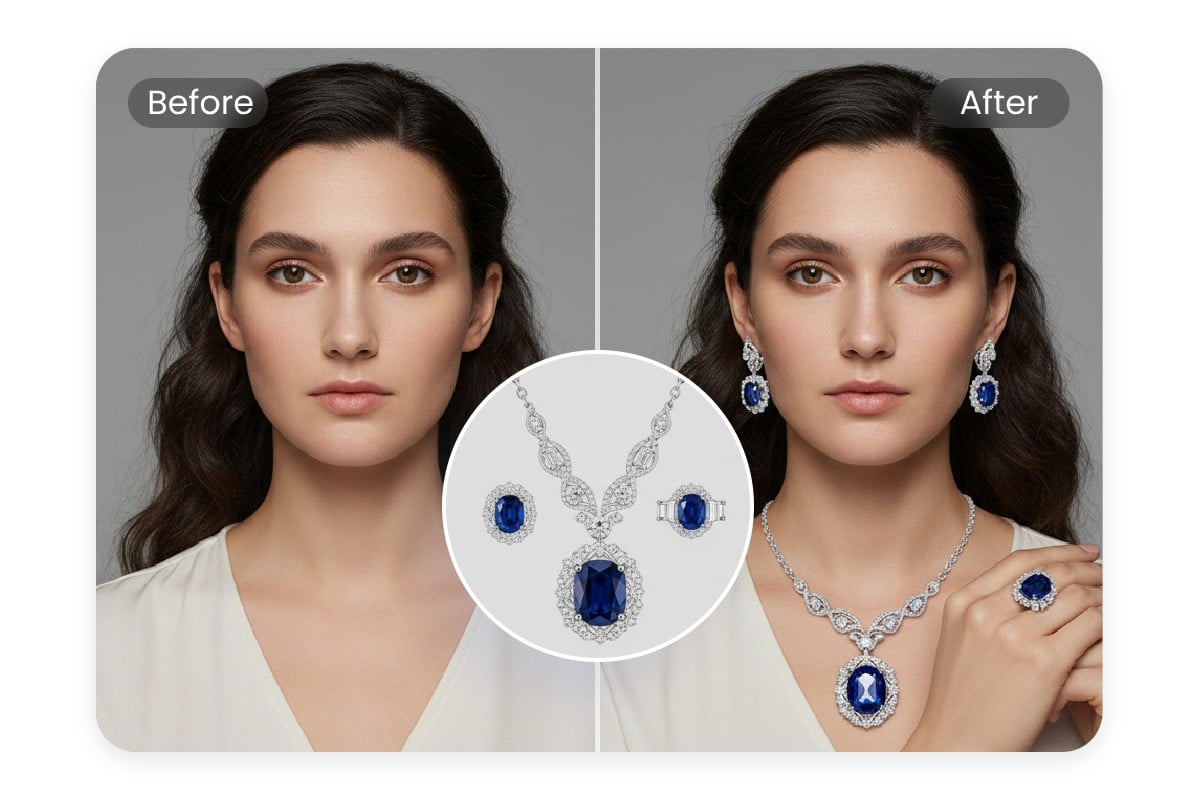 Add earrings and a necklace to a female portrait photo