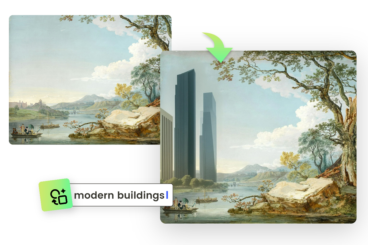 Ajouter des bâtiments modernes à une peinture classique en utilisant le remplissage génératif IA de Fotor