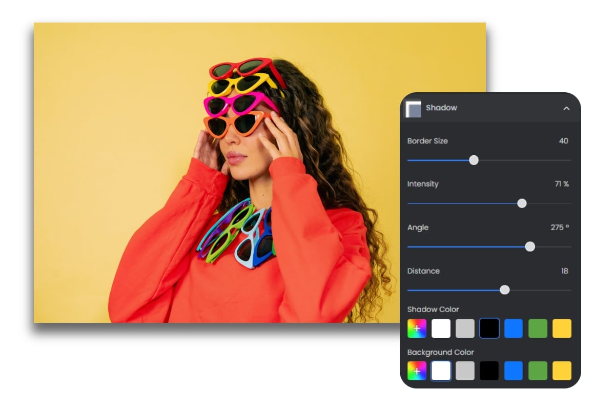 Add shadow to a photo of a lady with lots of sunglasses in a yellow bg