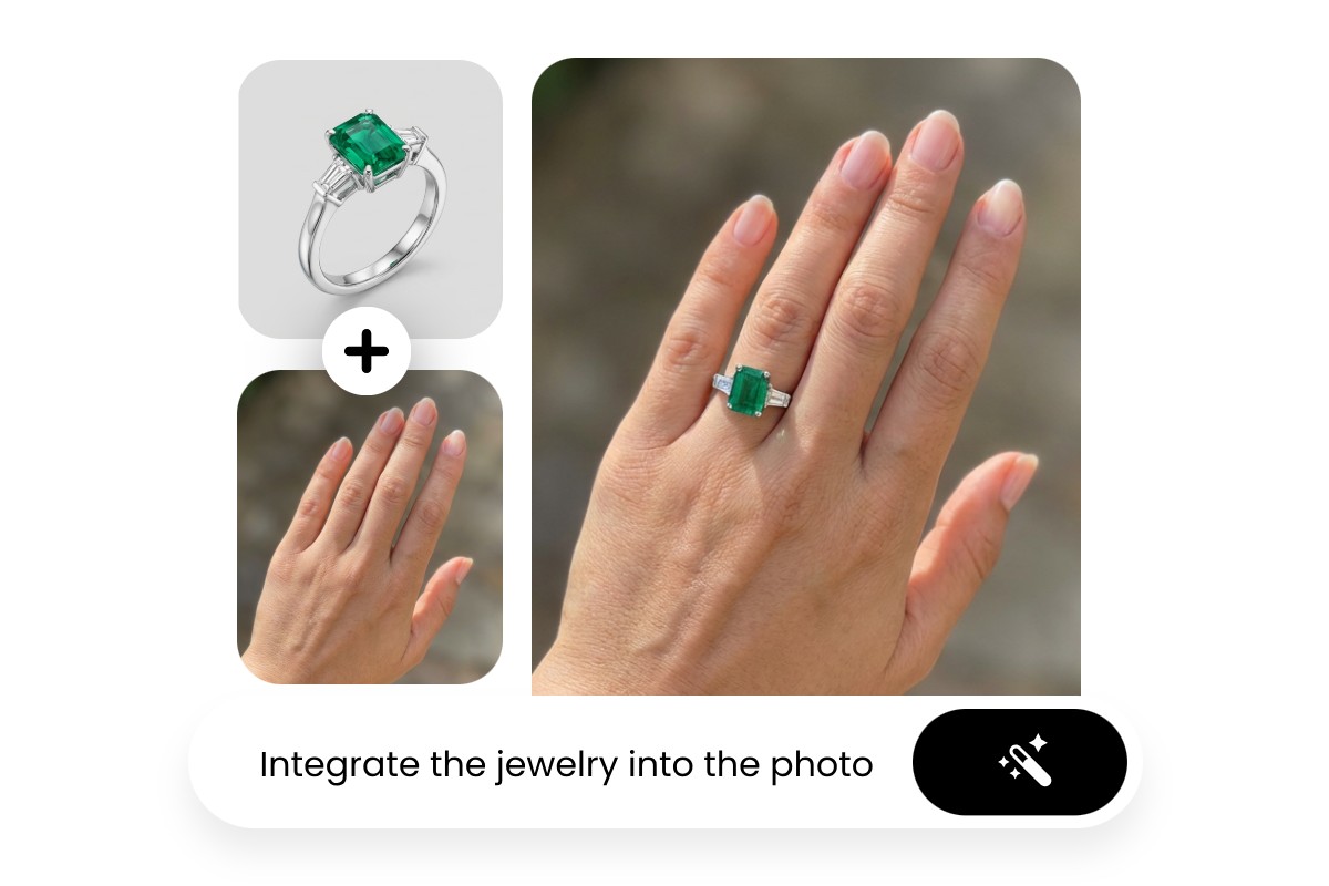 Add the green emerald ring to the hand naturally via your prompt