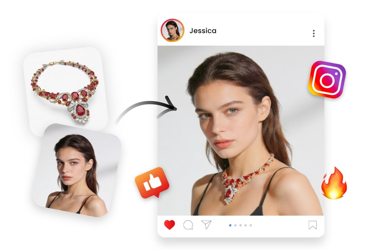 Add the necklace image to the female portrait photo naturally and share it on social media
