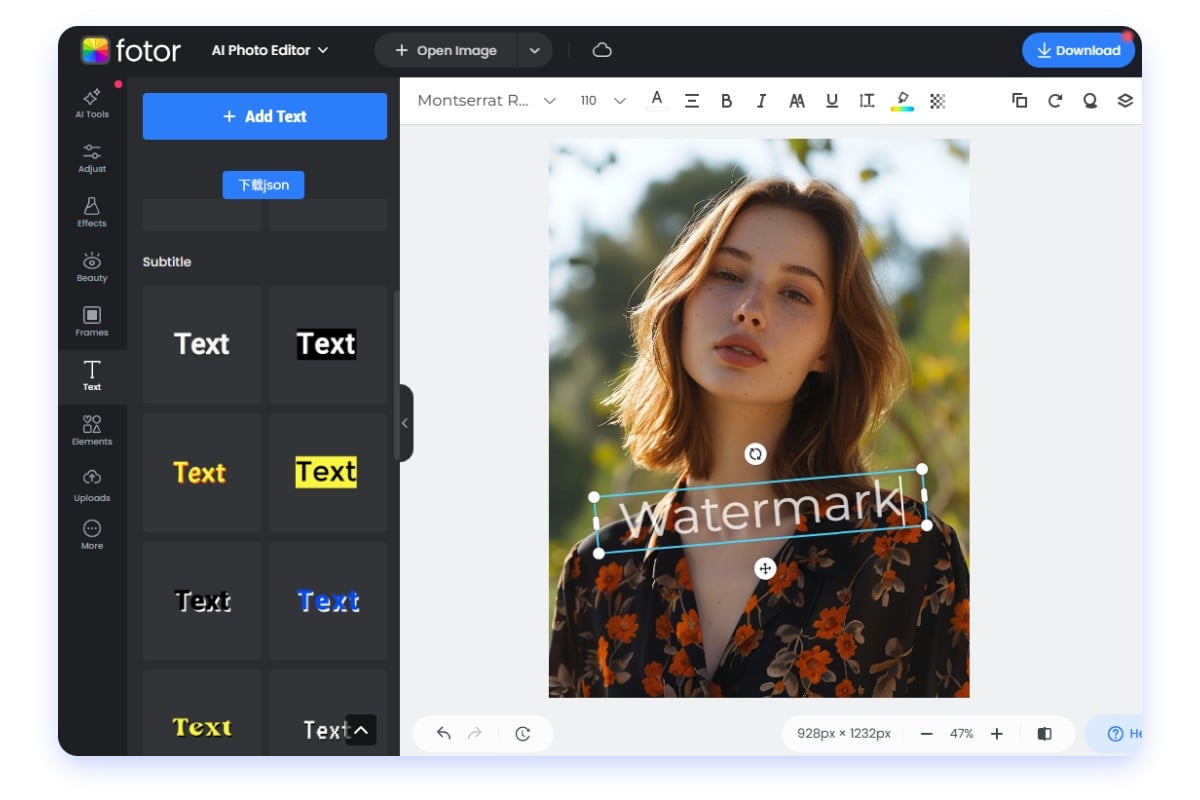 Add watermark to a photo of a long hair lady in fotor watermark adder