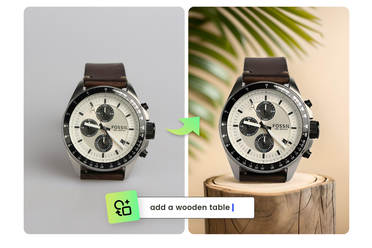 Ajouter une table en bois à une photo de montre en utilisant le remplissage génératif IA de Fotor