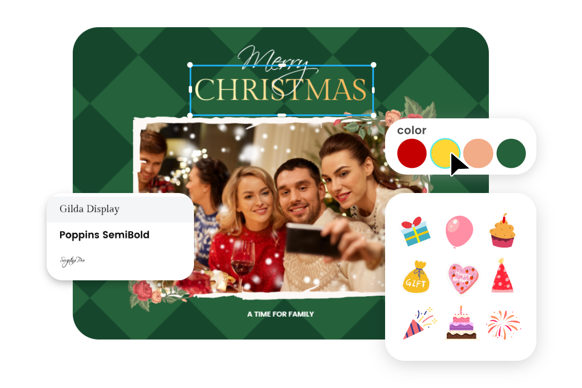 Adjust font and add stickers to deisgn an unique christmas card