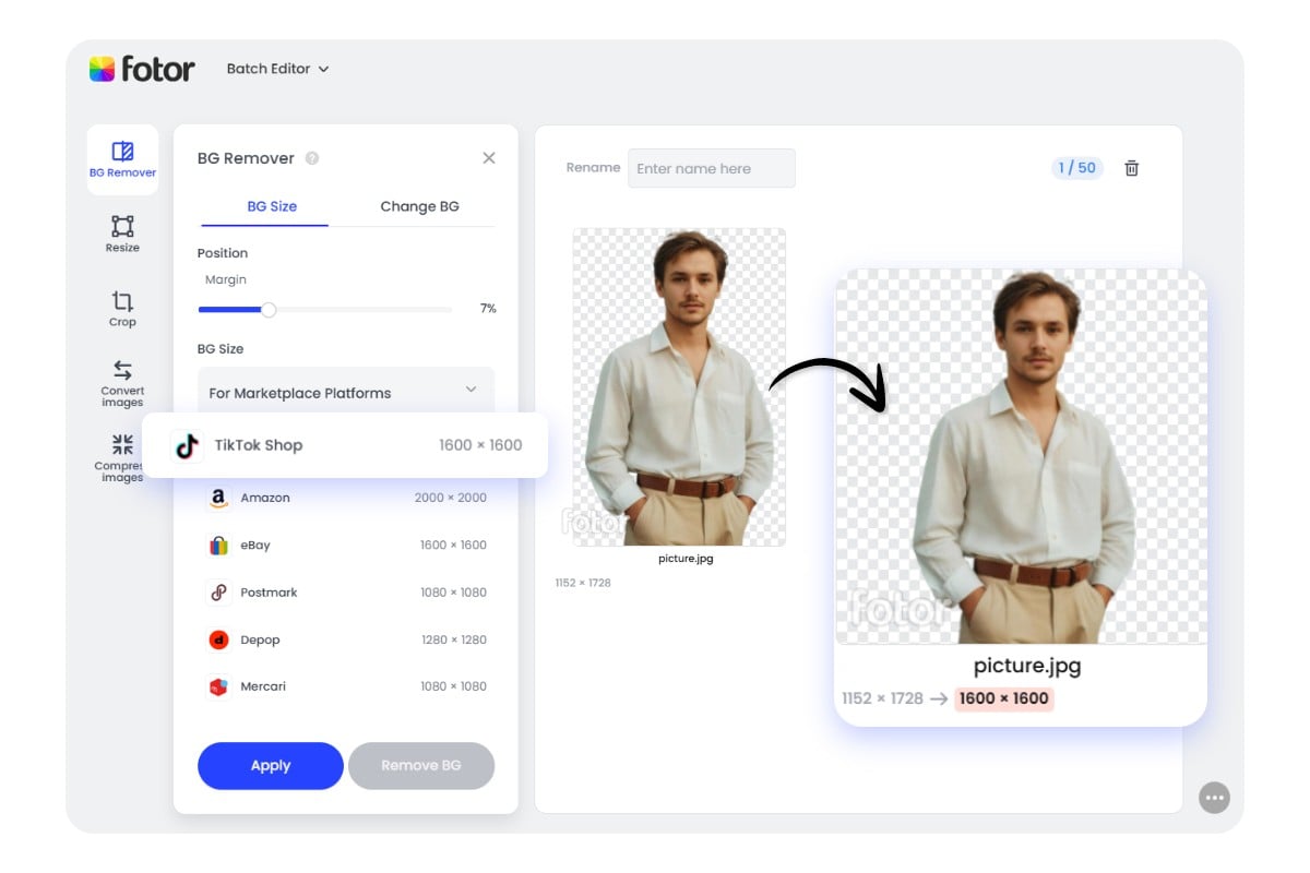 Adjust image margin and aspect ratio in Fotor