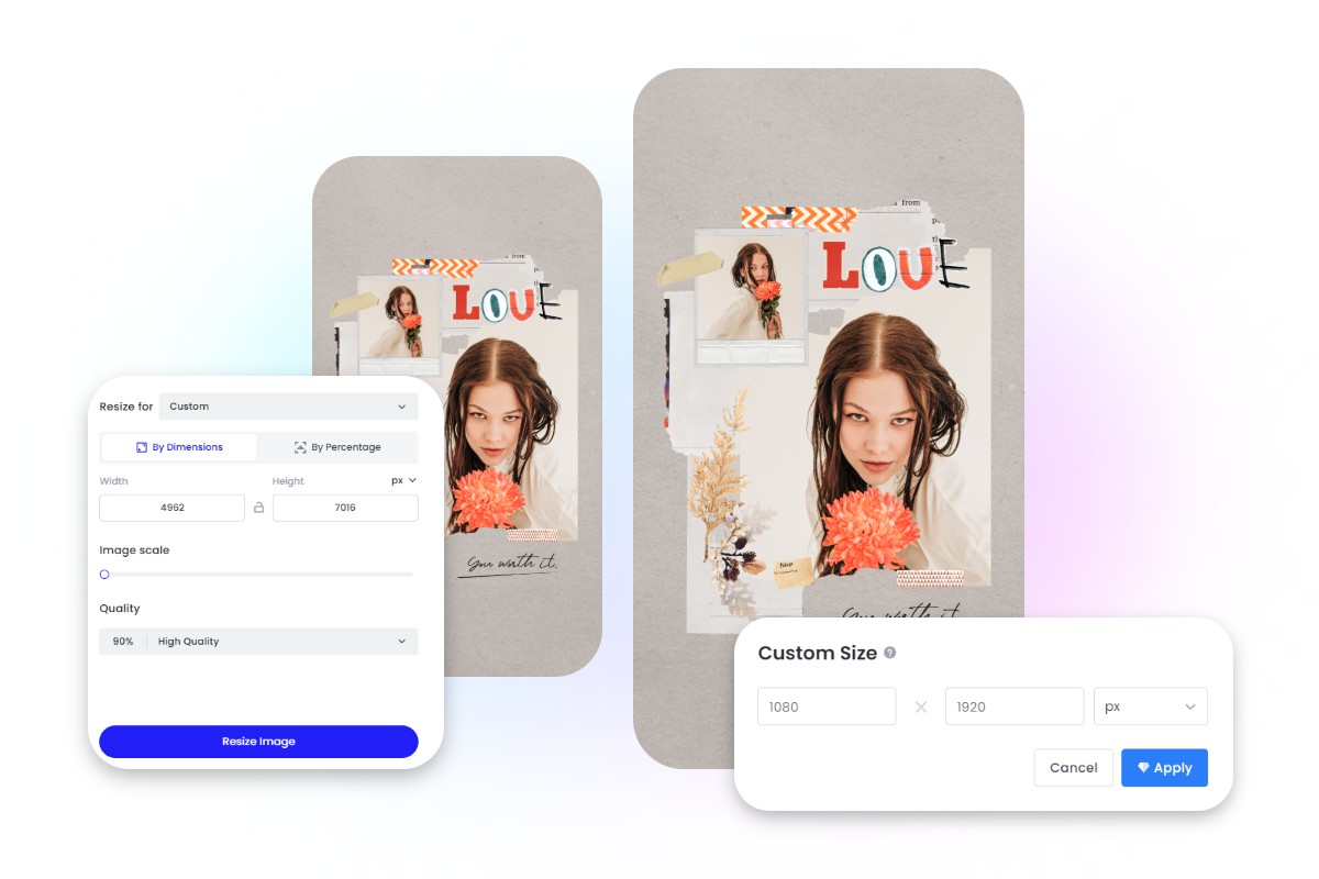 Adjust the dimension of a phone wallpaper about a lday holding a red flower in fotor