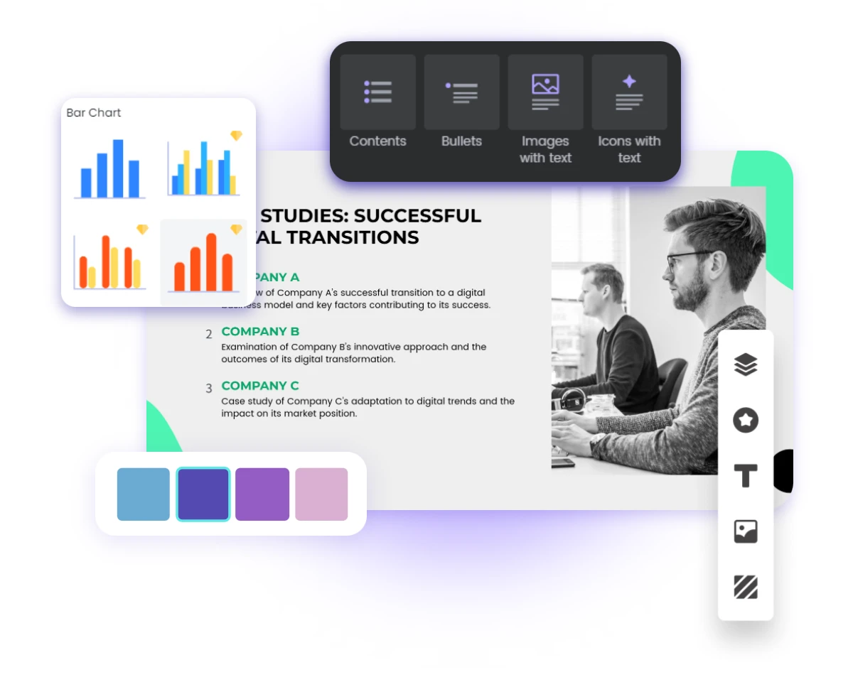 Adjust the layouts and colors edit your ai ppt and add data visualization charts to it in fotor ai business presentation maker