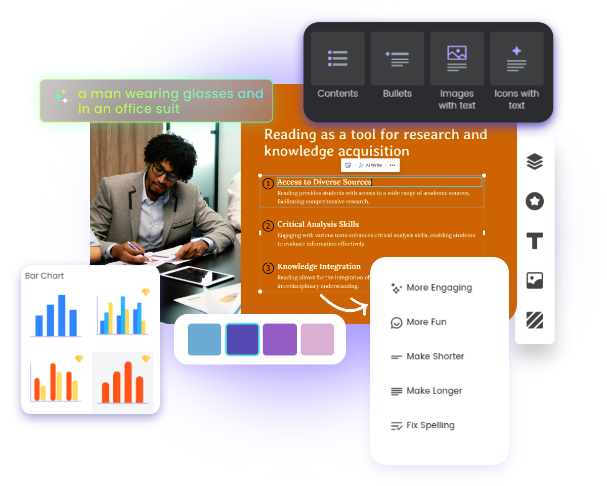 Adjust the text color and layout of the ai generated presentation and add data visualization chart to it in fotor ai slides