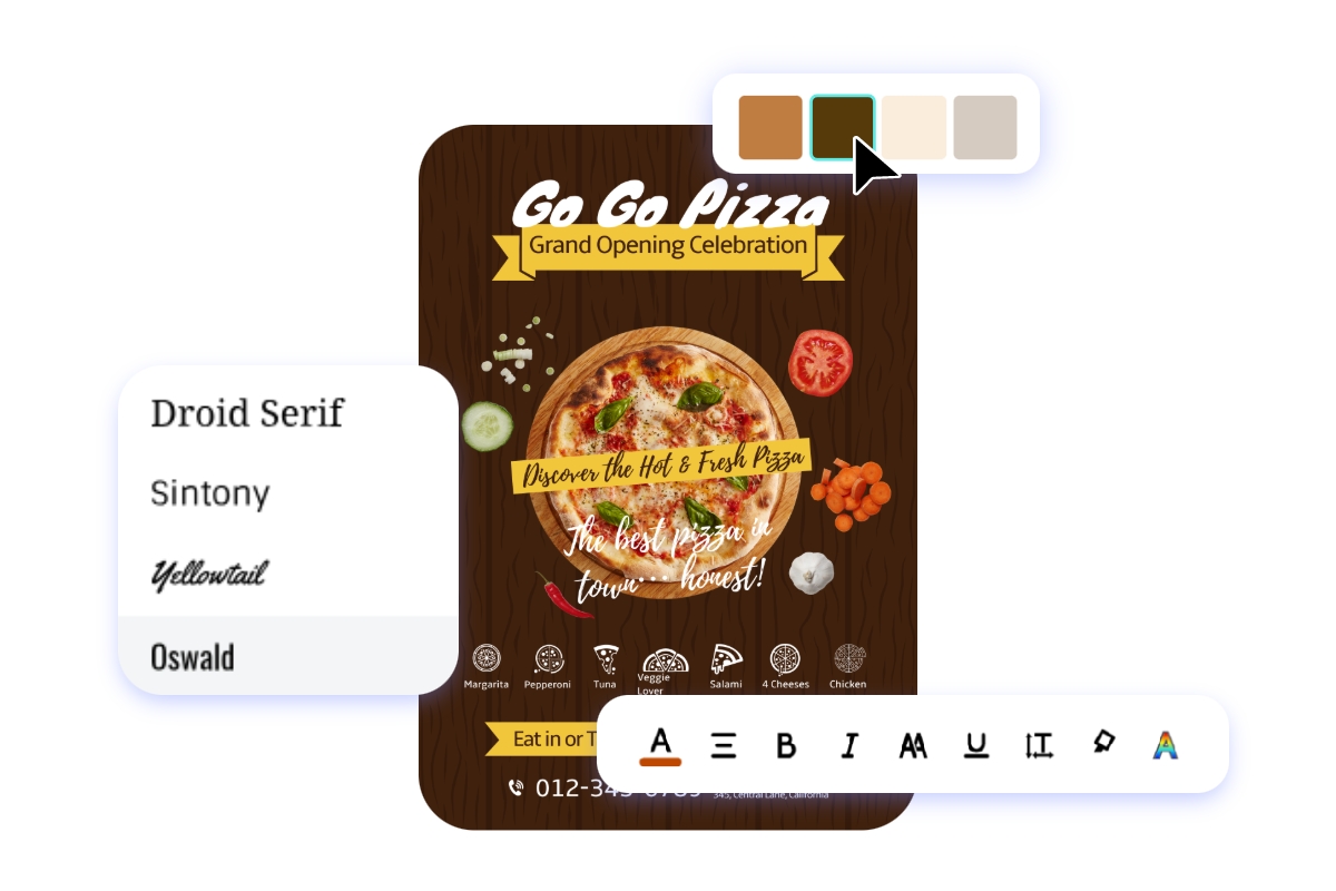 Advertisement poster maker featuring a template showing a pizza product in a brown bg