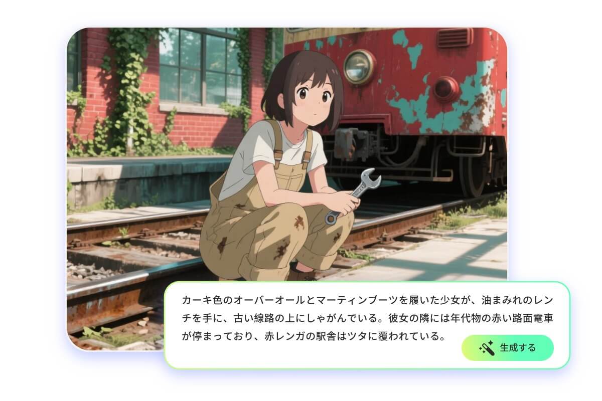 細かい指示で鉄道に座っている女の子のアニメ風画像を生成する