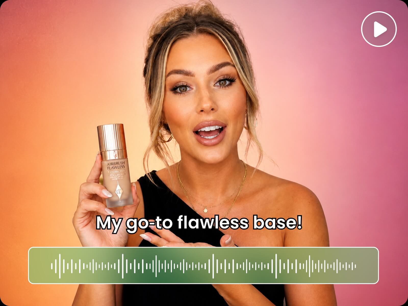 Ai generated captions and audio for a foundation product ad youtube short featuring a woman