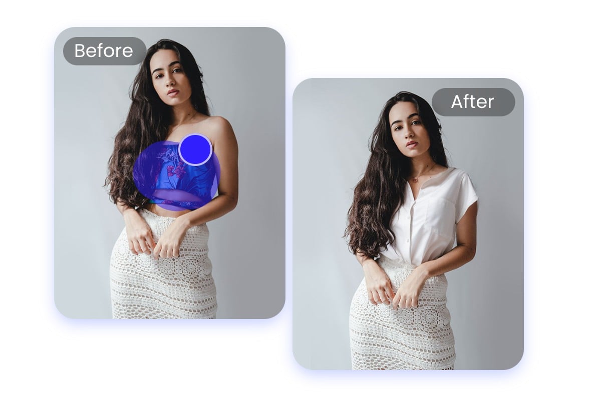 Ai replace the floral blouse in the picture with a white blouse