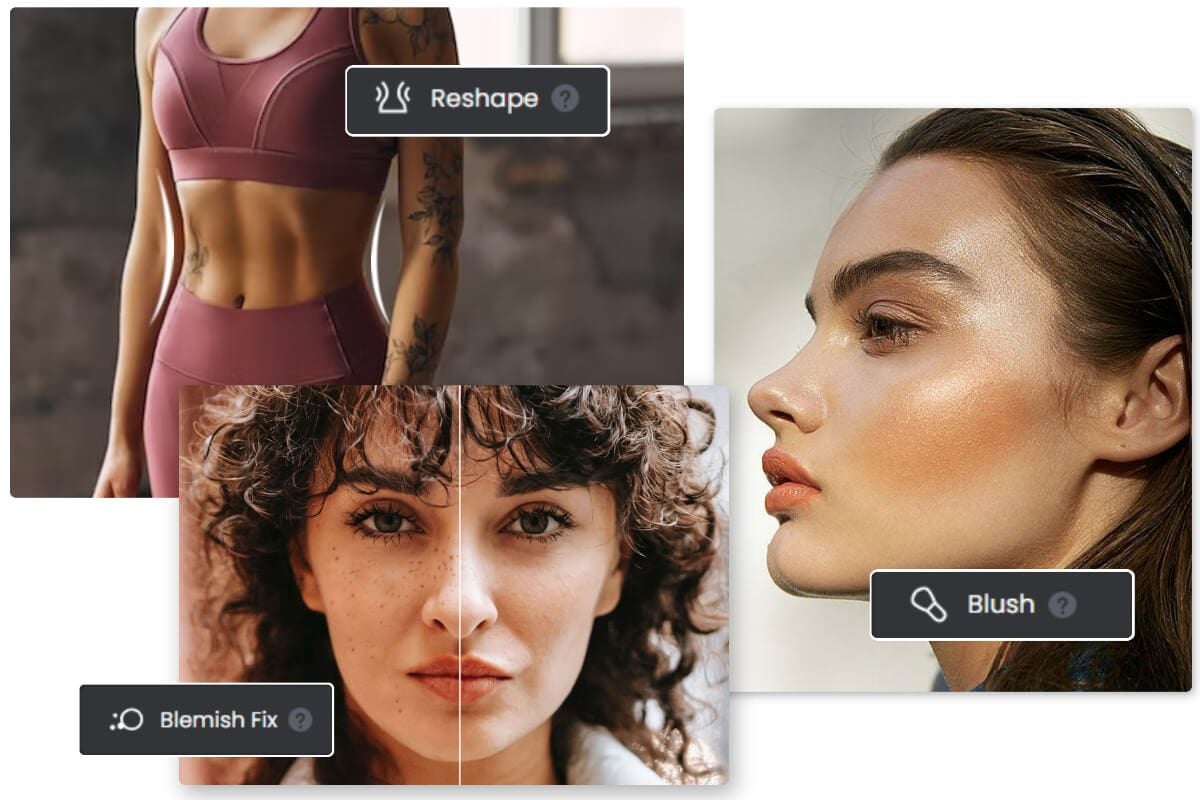 An image shows more fotors ai editing tools to apply makeup to photos