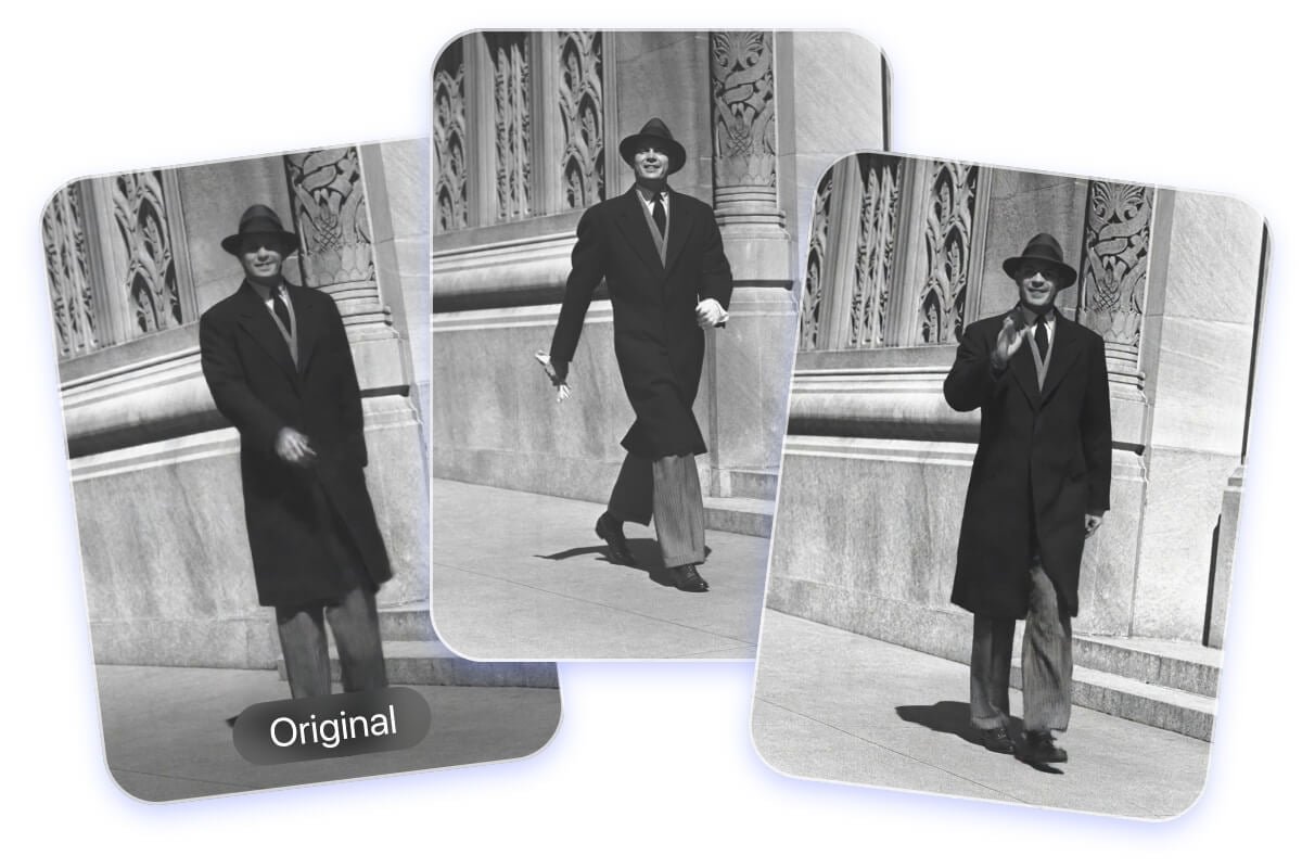 Animate an old photo of a man and make him perform some actions