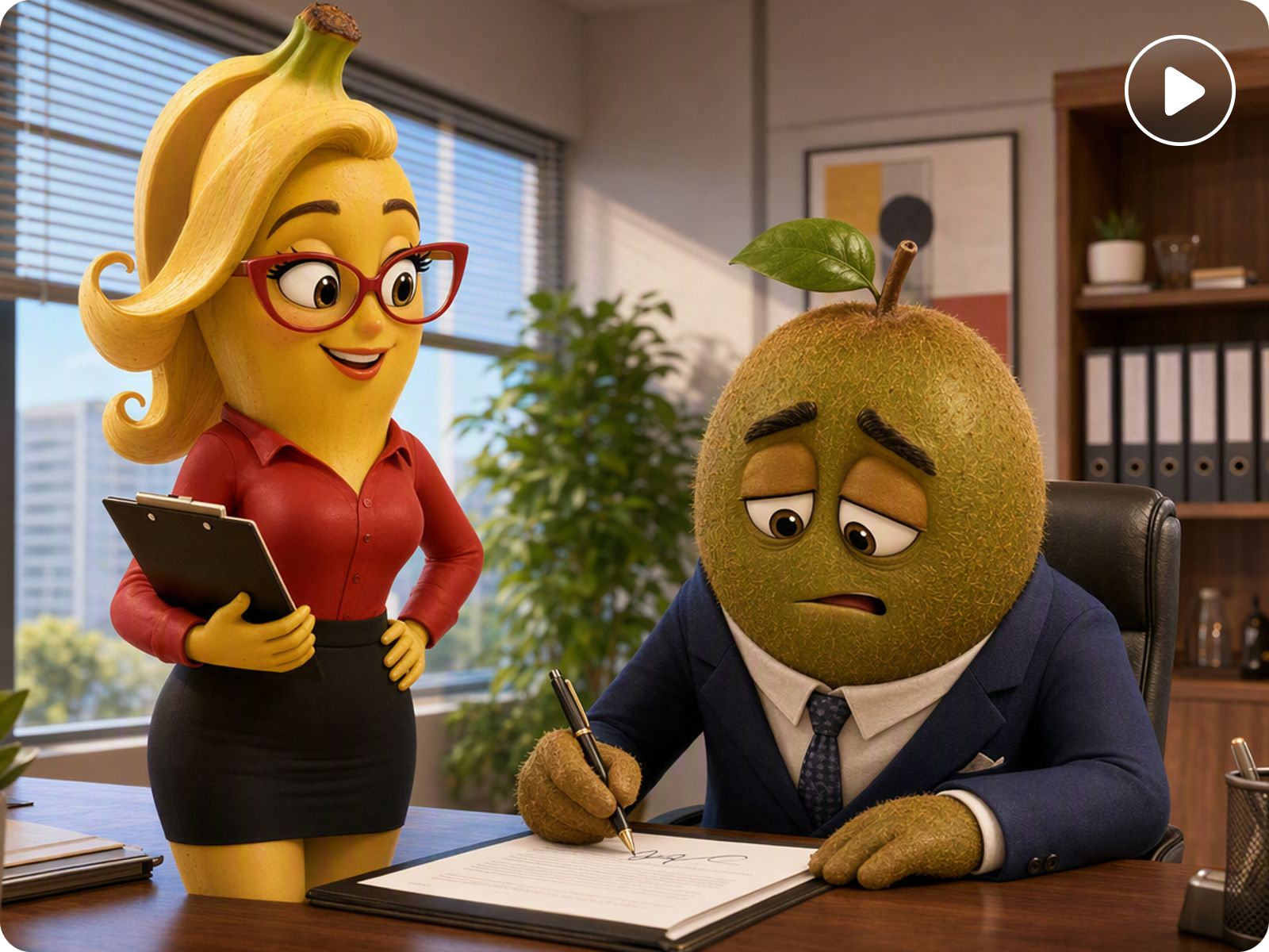 Animation mit banana frau und kiwi chef