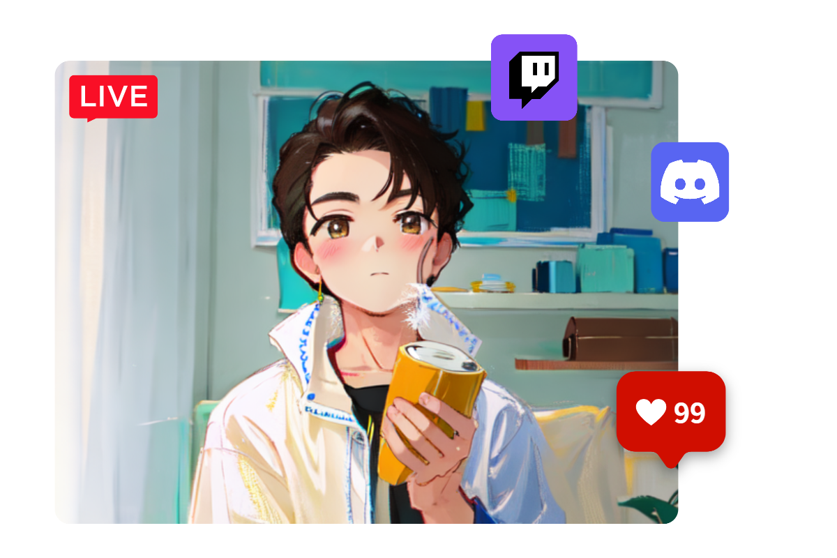 Anime boy pngtuber doing live stream on twitch and discord platform