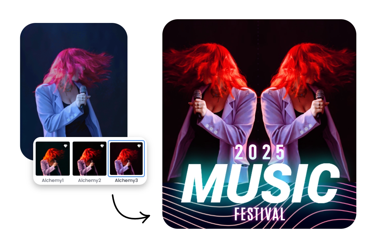 ダンスをしている女性の写真にフィルターをかけてミラー加工し、ポスターを作成