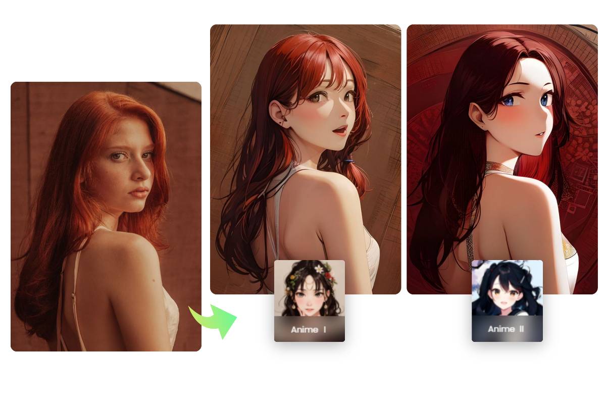 Aplique dos filtros de arte de anime AI para una imagen femenina en la imagen de Fotor Ai al convertidor de anime