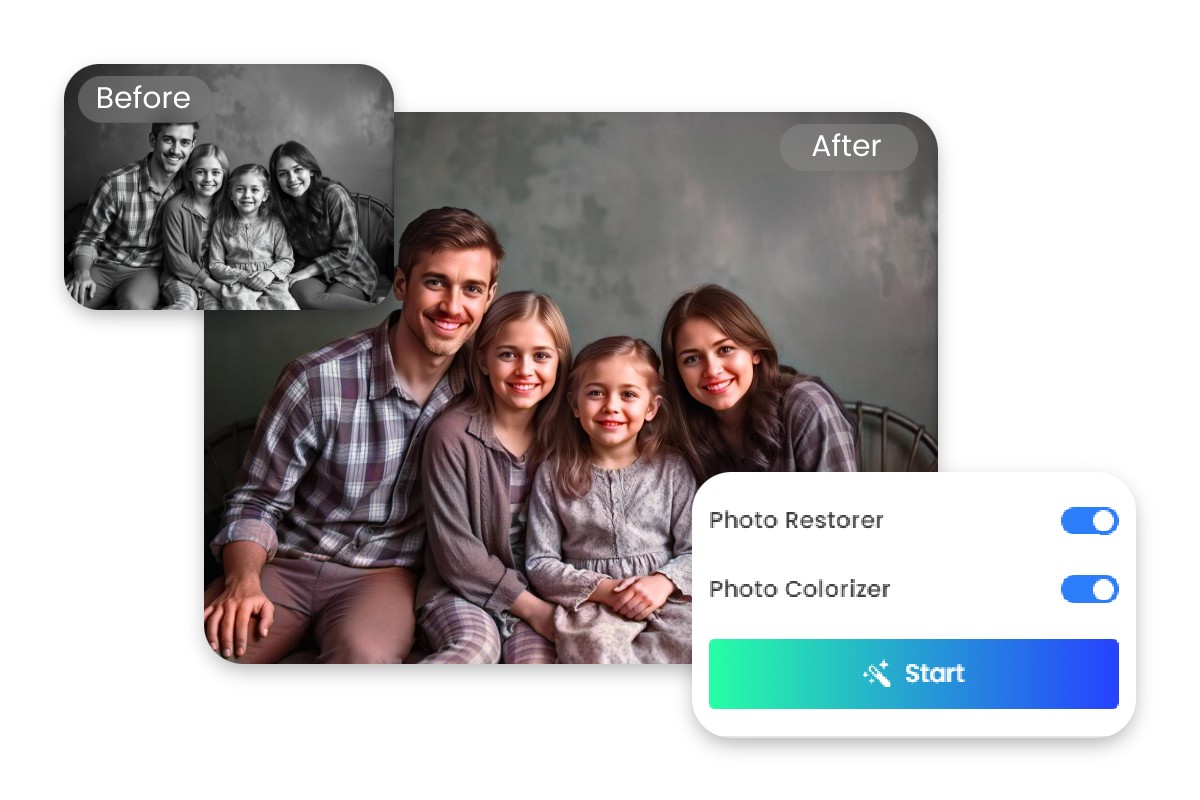 Auto repair and colorize old photos featuring a family