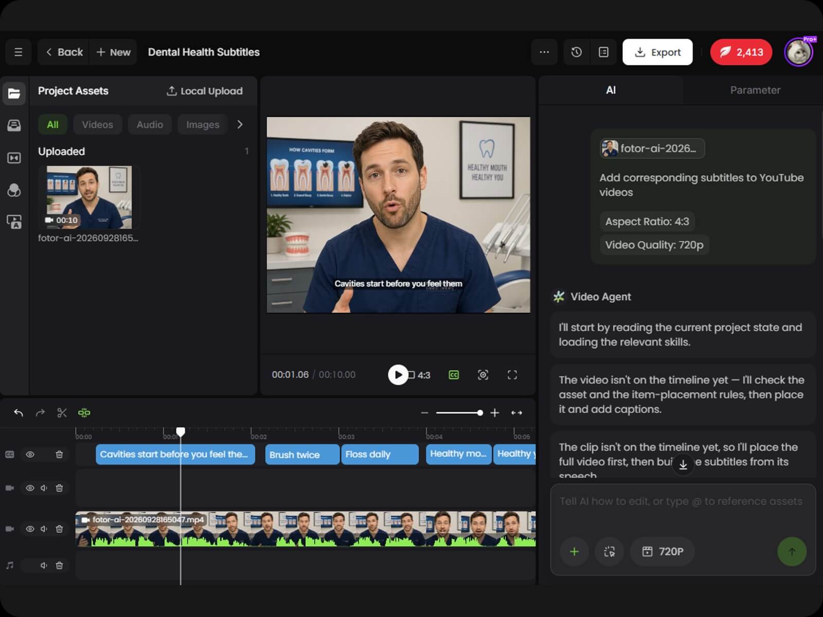 Automatically add subtitles to a youtube video of a dentist speaking in the youtube automation tool