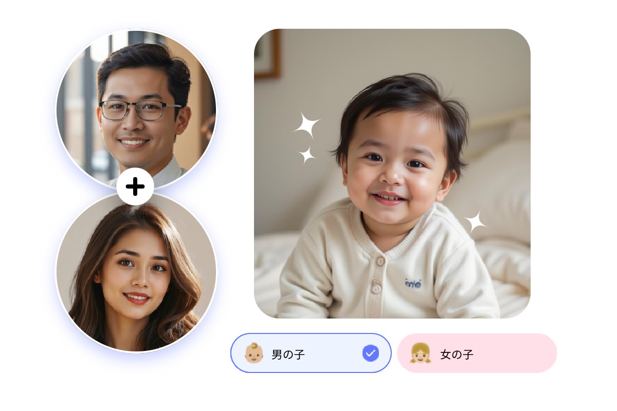 男性と女性そして彼らのAIによって生成された将来の赤ちゃんの写真