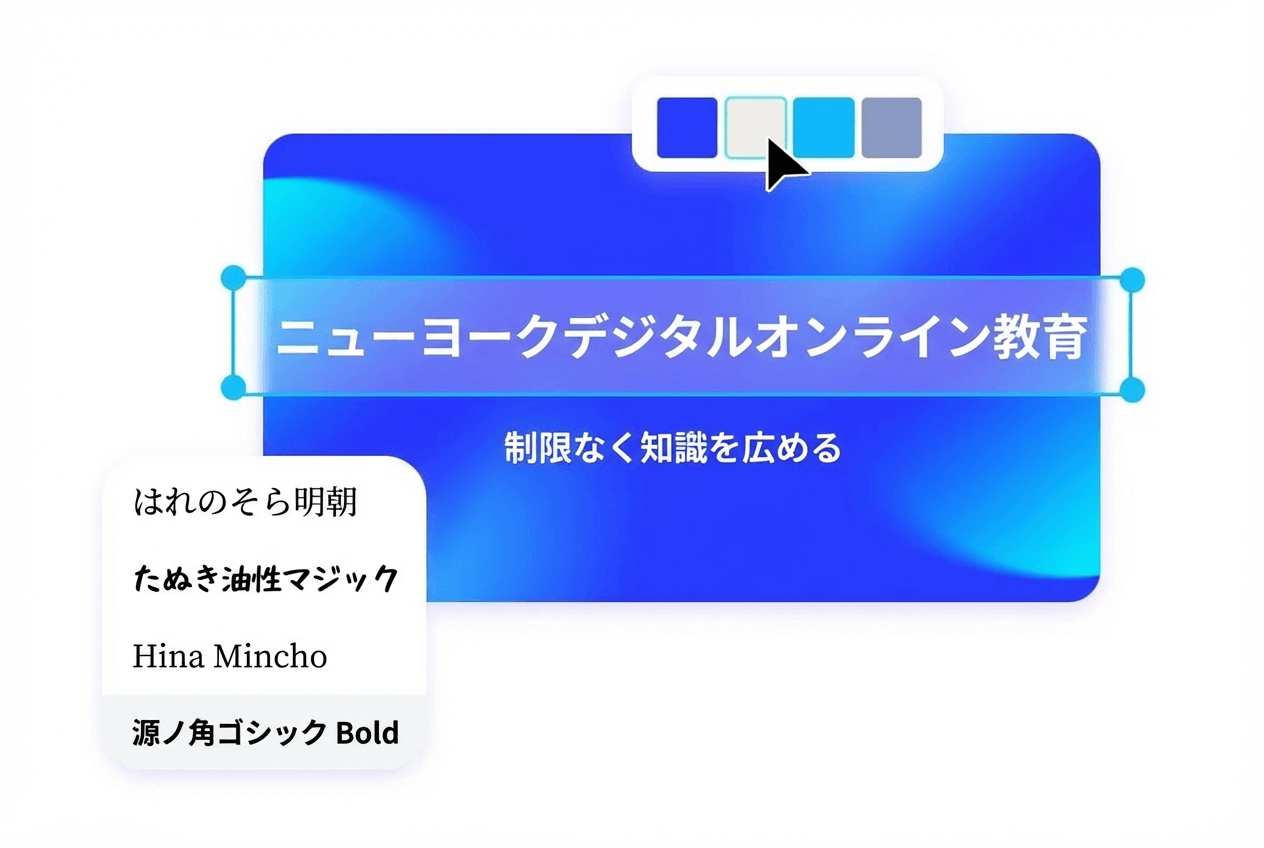 青色を基調としたオンライン教育のバナーデザインを編集中フォントや色を変更している様子