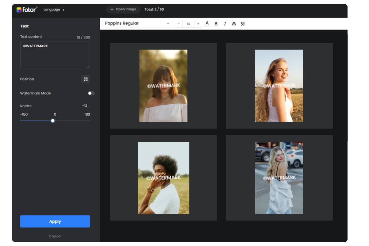 Batch add watermarks to photos in Fotor