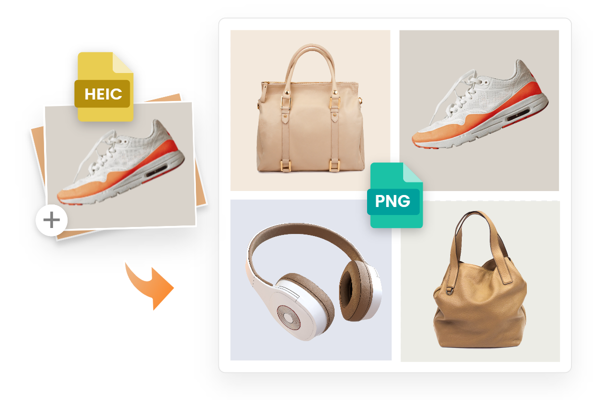 Batch convert four product heic images to png with fotor image converter