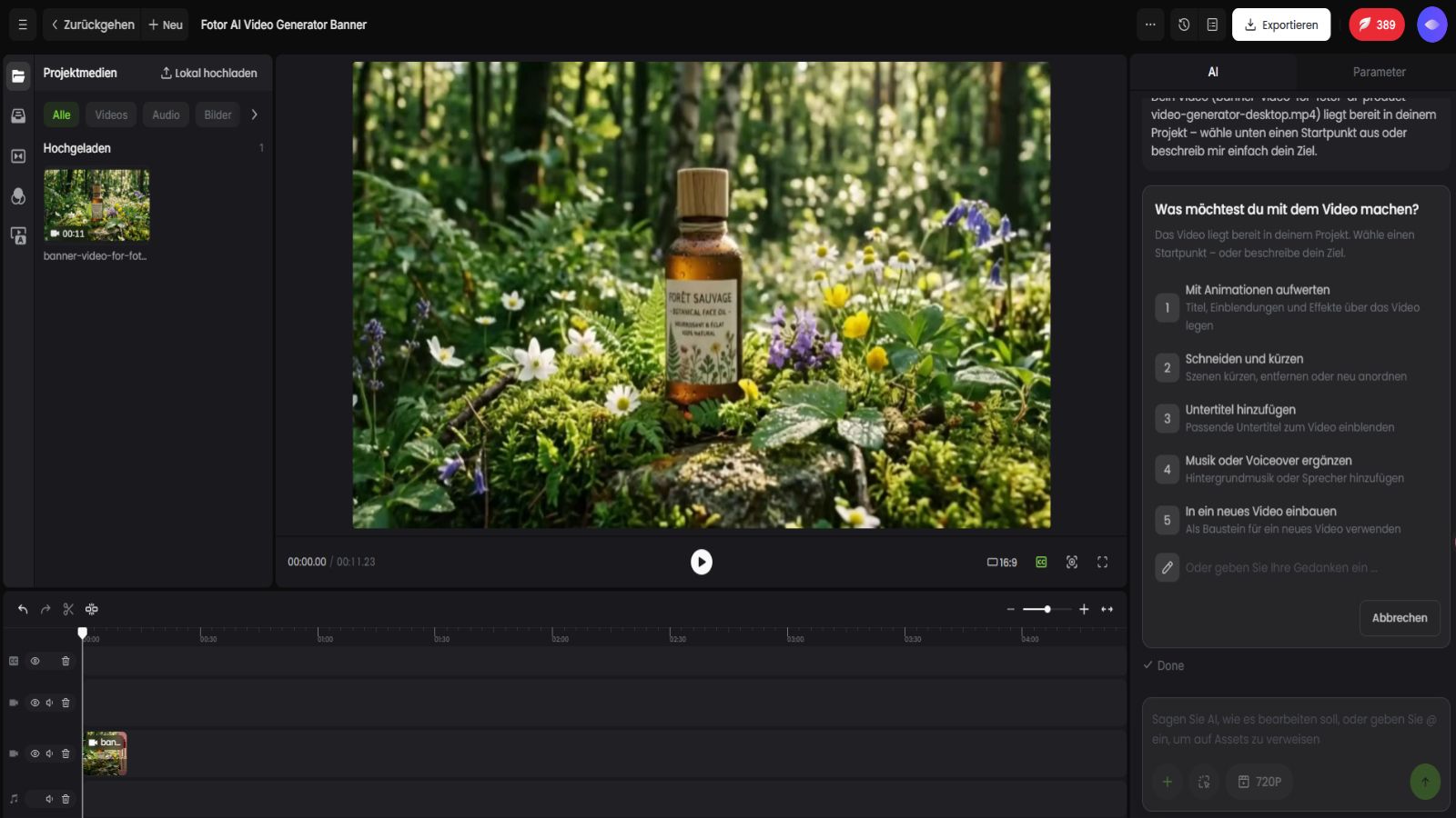 Bearbeitet die von ki generierte produktvideos durch chat mit dem ki video agent von fotor