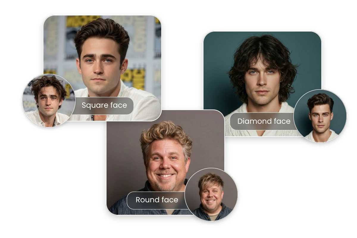 あらゆる顔型に合うFotor AI男性ヘアスタイルジェネレーターのビフォーアフター比較