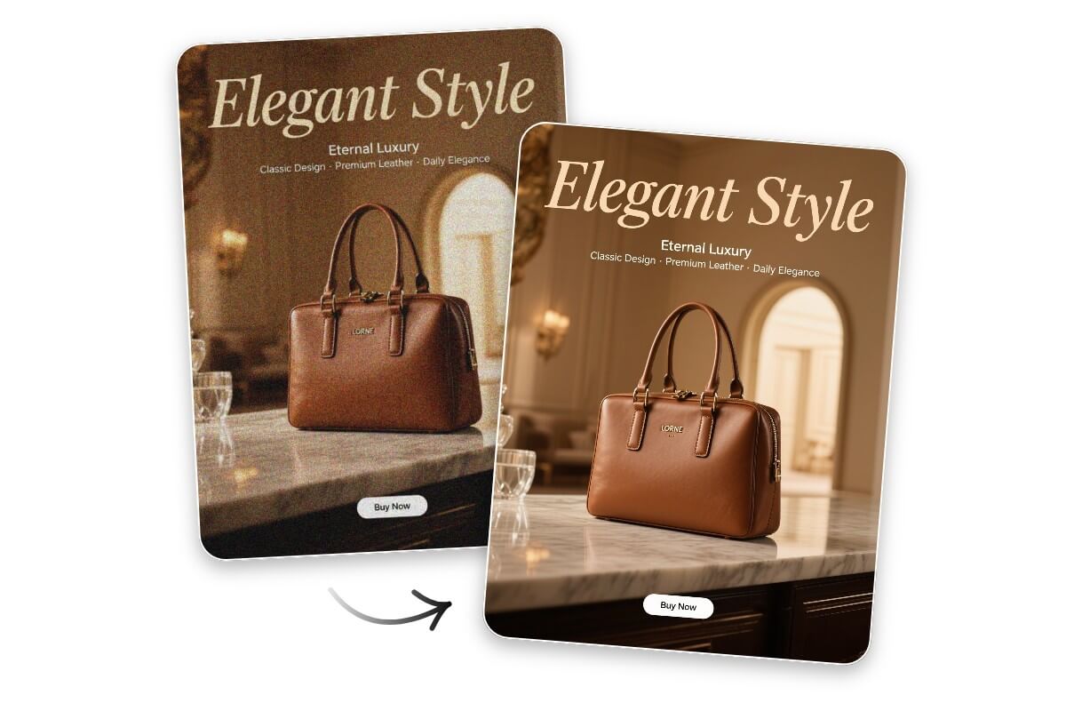 ノイズ除去を施したバッグの広告ポスターの「前」と「後」の比較